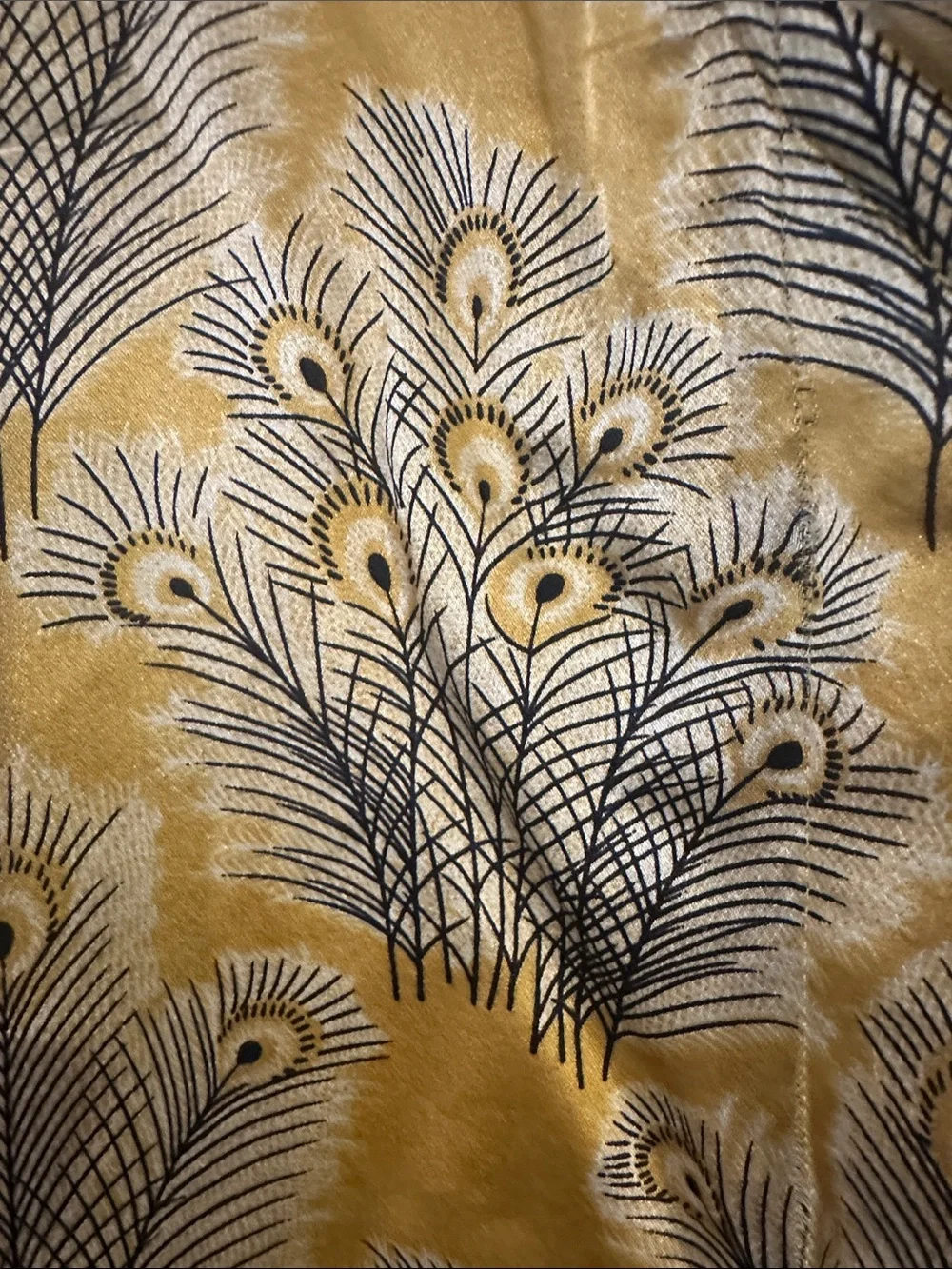 Free People Gold Black Silk Peacock Feather Pattern Attached Neck Scarf Blouse 8